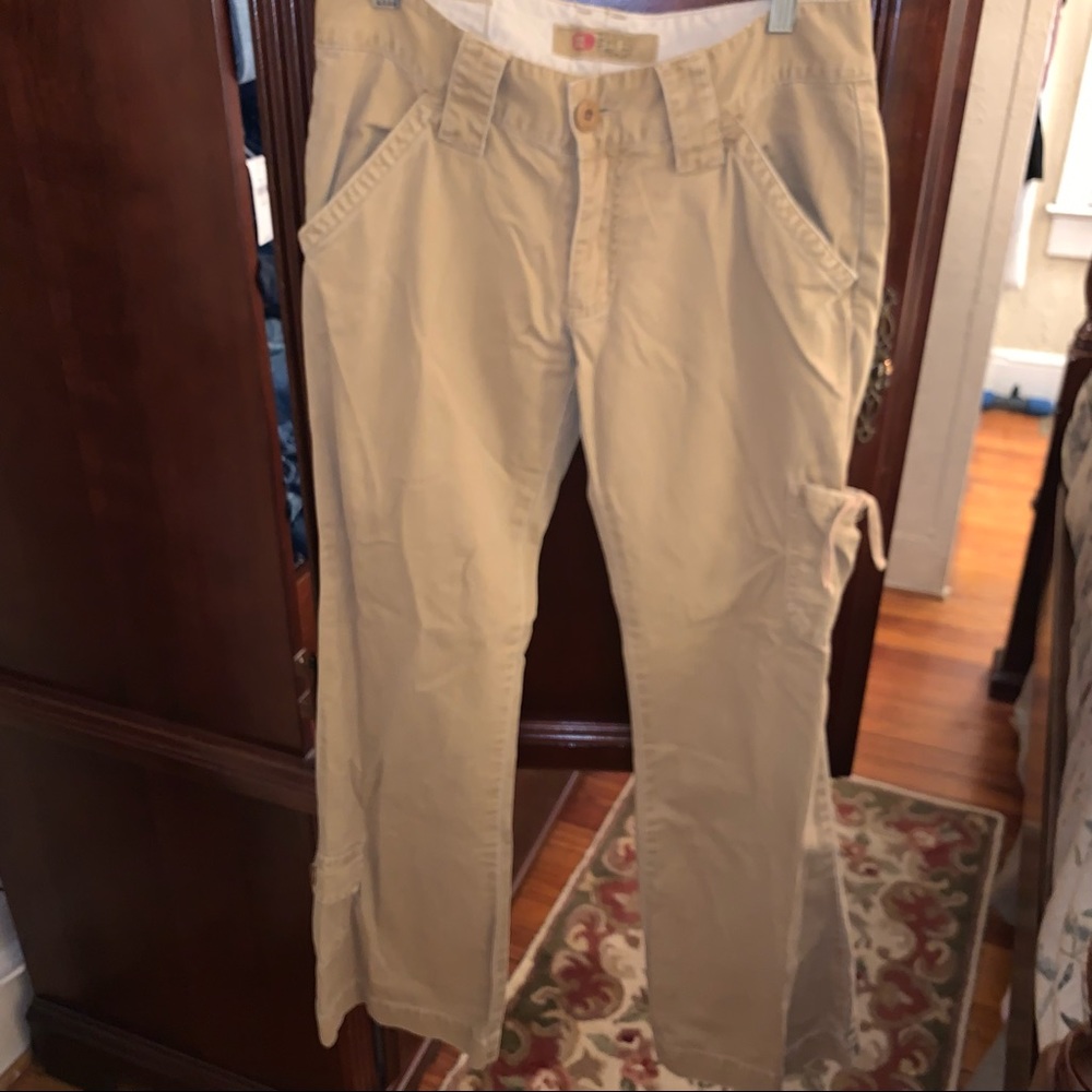 Womens Cargo type BKE pants 27/31 1/2 khaki 1 back pocket missing a button